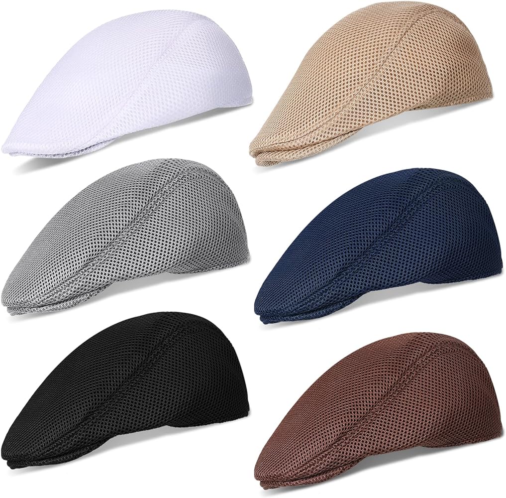 Geyoga 6 Pieces Men's Mesh Flat Cap Breathable Summer Newsboy Hat Cabbie Flat Cap