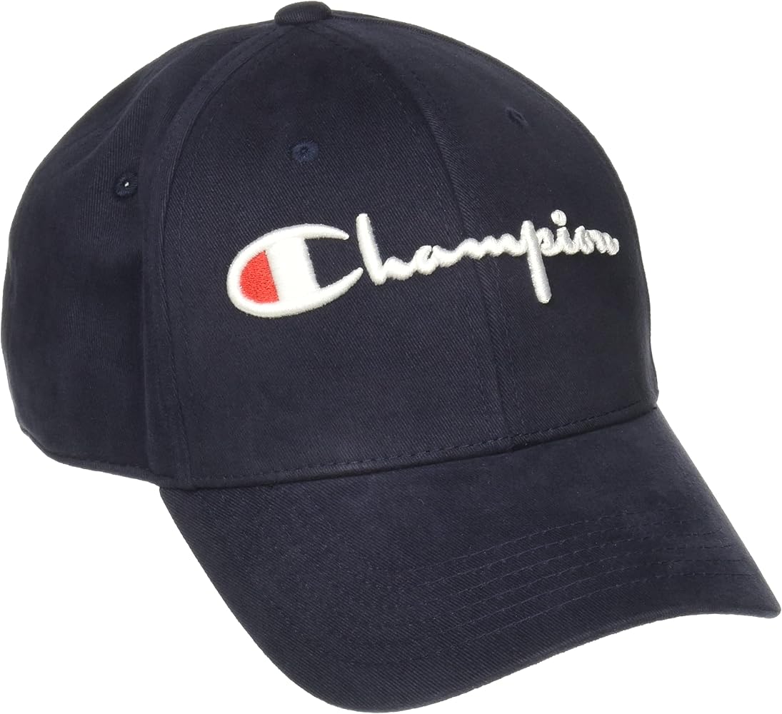 Champion Hat, Classic Cotton Twill, Baseball, Adjustable Leather Strap Cap for Men, Navy Vintage Script, One Size