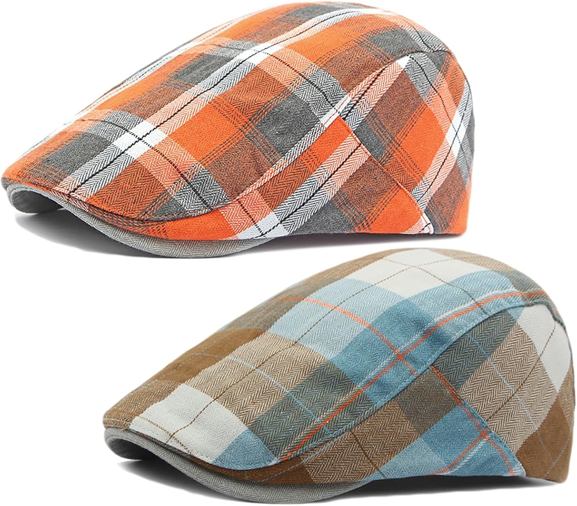 2 Pack Men's Newsboy Hat Flat Cap Adjustable Plaid Ivy Gatsby Cabbie Driving Golf Hat Beret