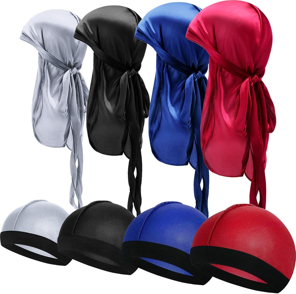 8 Pieces Silky Durag Caps Elastic Wave Cap Long Tail Headwraps Wide Straps Waves