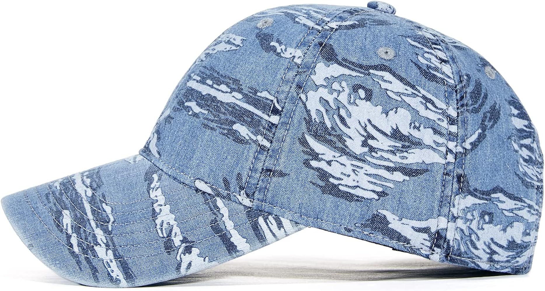 Structured Blue Camo Baseball Cap - Adjustable, Unisex Durable 100% Cotton Denim Hat with Mesh Lining & UPF 50+ Protection