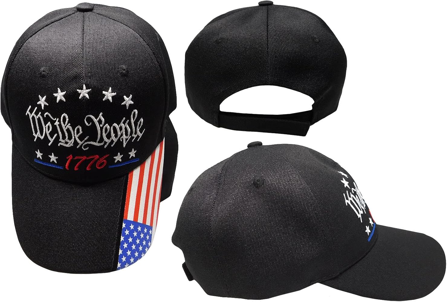 We The People 1776 Black USA Flag On Bill 100% Acrylic Adjustable Embroidered Cap Hat