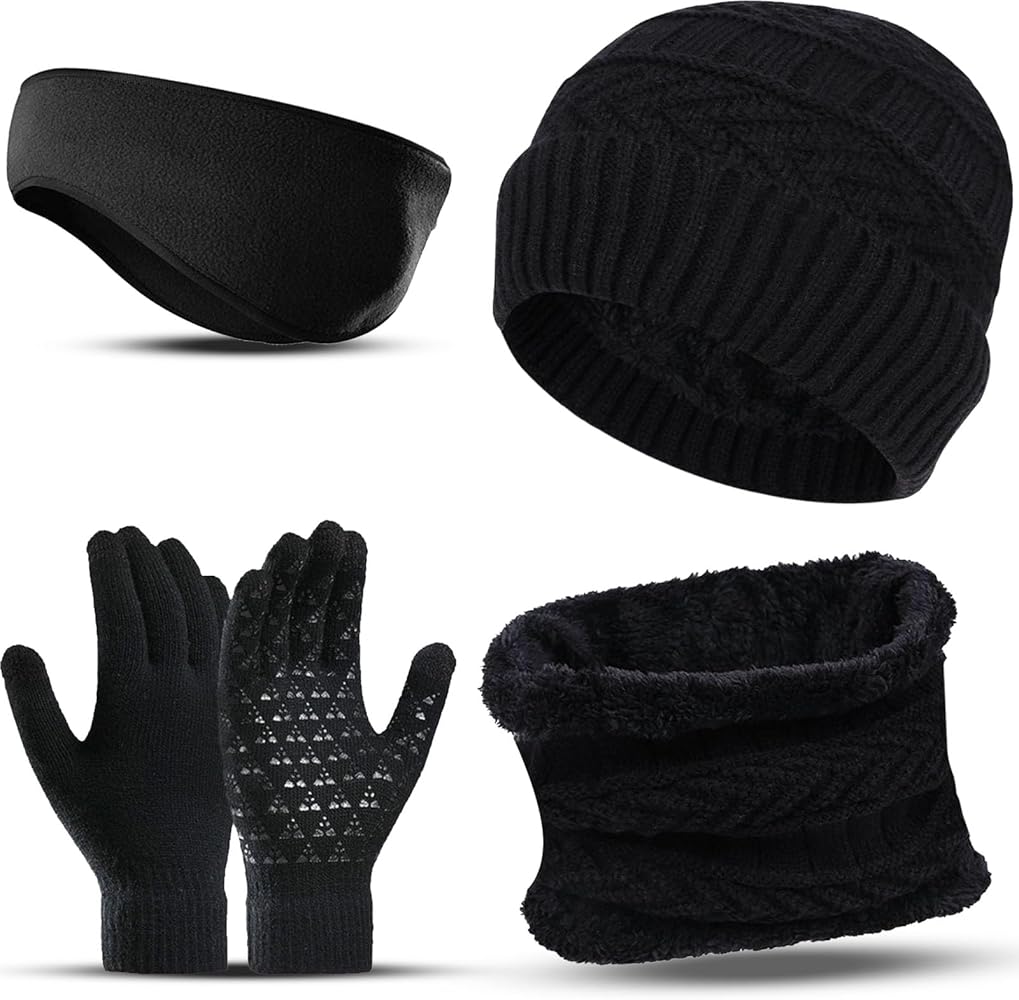 Beanie Hat Scarf Gloves Set for Men Women, Fleece Beanie Hats,Neck Warmer, Ear Warmer and Touch Screen Knit Gloves Set