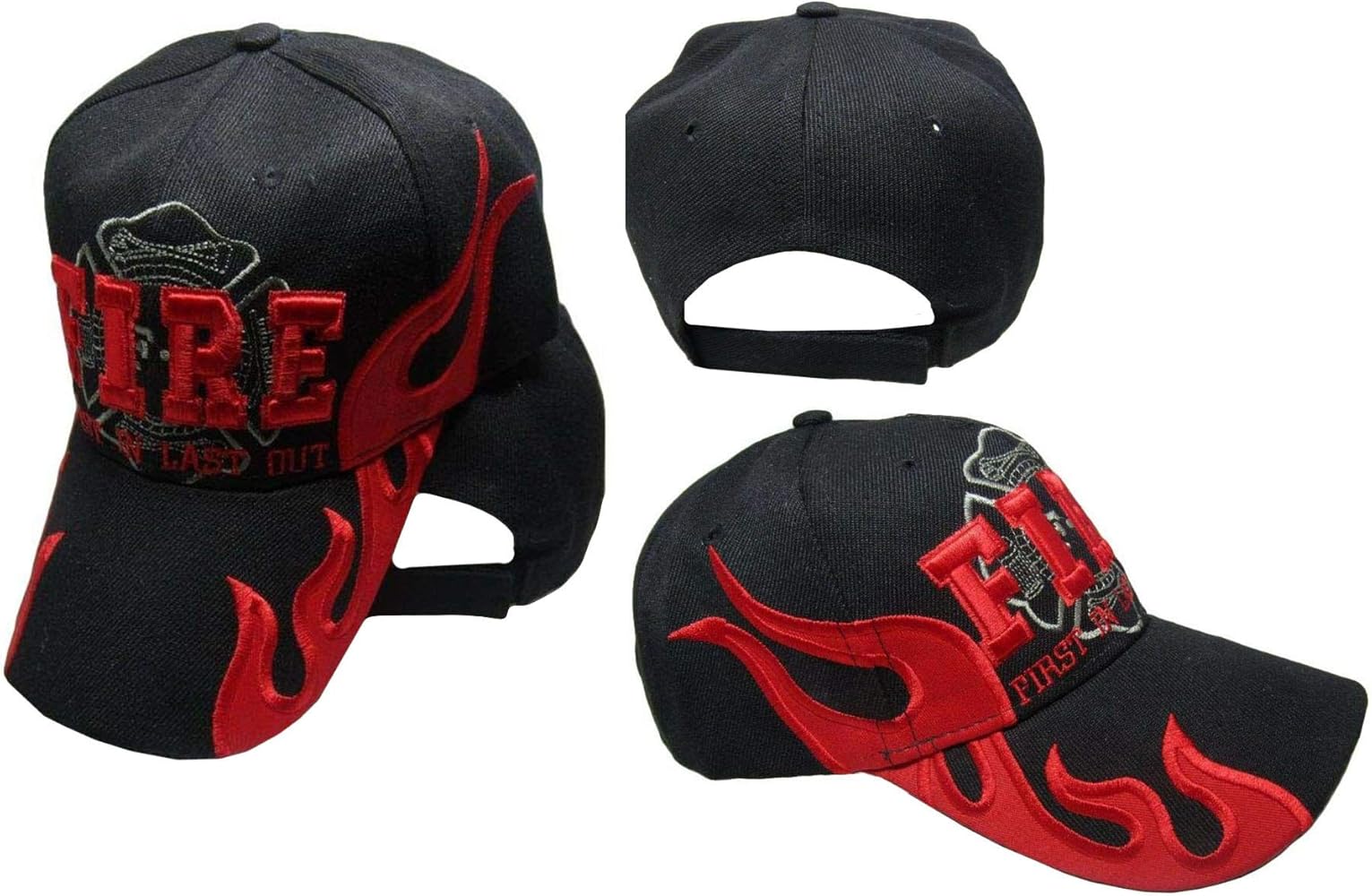 Fire Fighter Dept Department First in Last Out Black with Red Flames Embroidered Cap Hat RAM