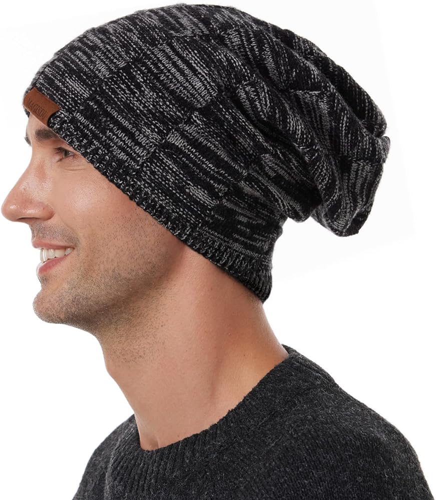 Beanie Hats for Men Women Satin Lined Oversized Slouchy Unisex Merino Wool Winter Hat Knit Long Warm Cap