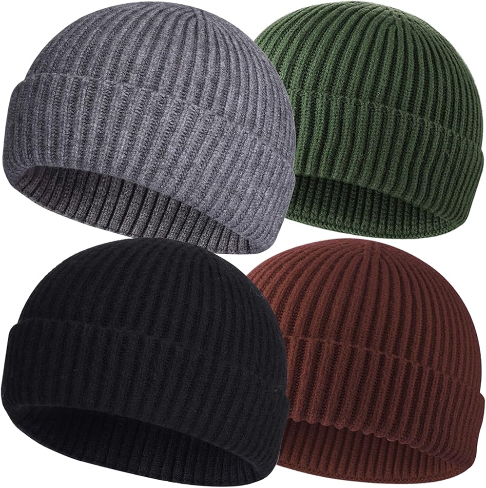 ROYBENS 4 Pack Wool Fisherman Beanies for Men, Knit Short Watch Cap Winter Warm Hats