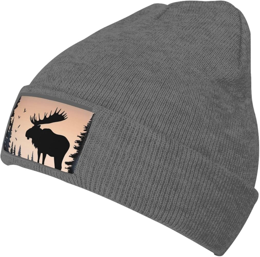 Moose Mountain Pine Tree Print Beanie for Women Men Knit Hat Warm Winter Beanies Cap Fashion Cuffed Beanie Hat