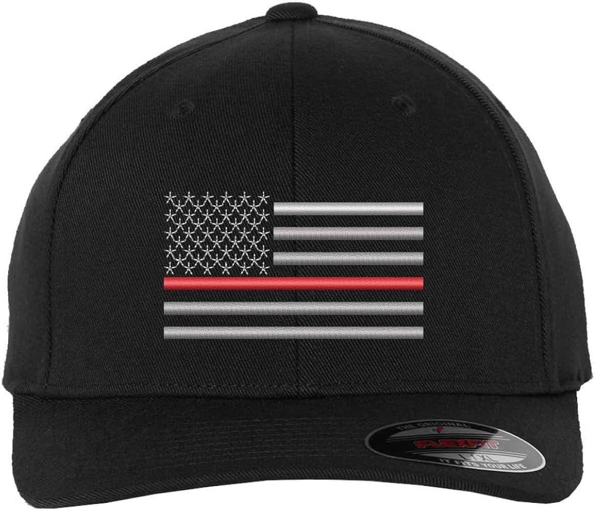 Thin Red Line USA Flag Hat American Flag FLEX FIT Fitted Baseball Cap | Support & Honor Firefighters