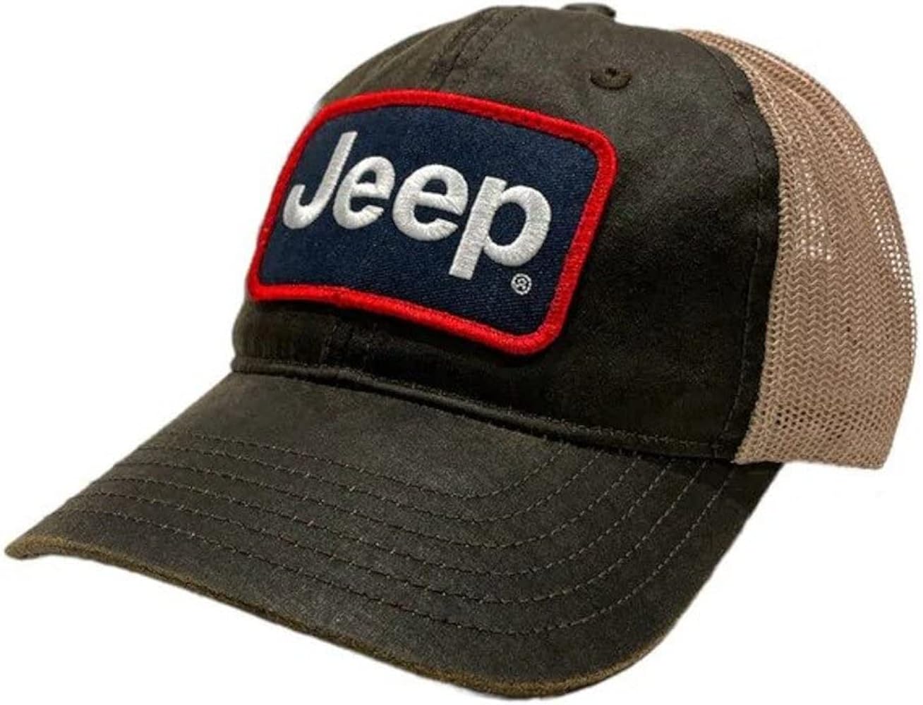 Jeep Waxed Chino Twill Patch Hat/Light Mesh with Rugged Reconditioned Look - Brown/Khaki