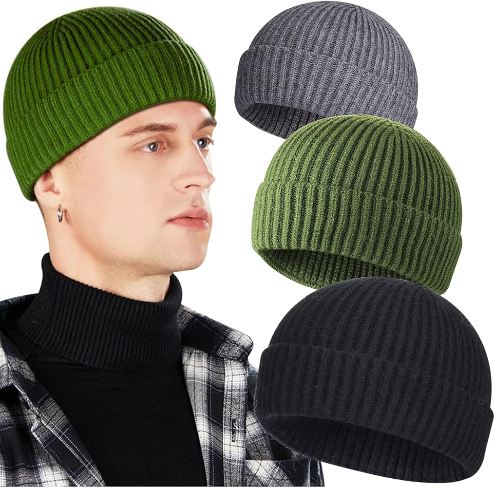 3 Pack Wool Fisherman Beanies for Men, Short Knit Watch Cap Cuffed Trawler Hats