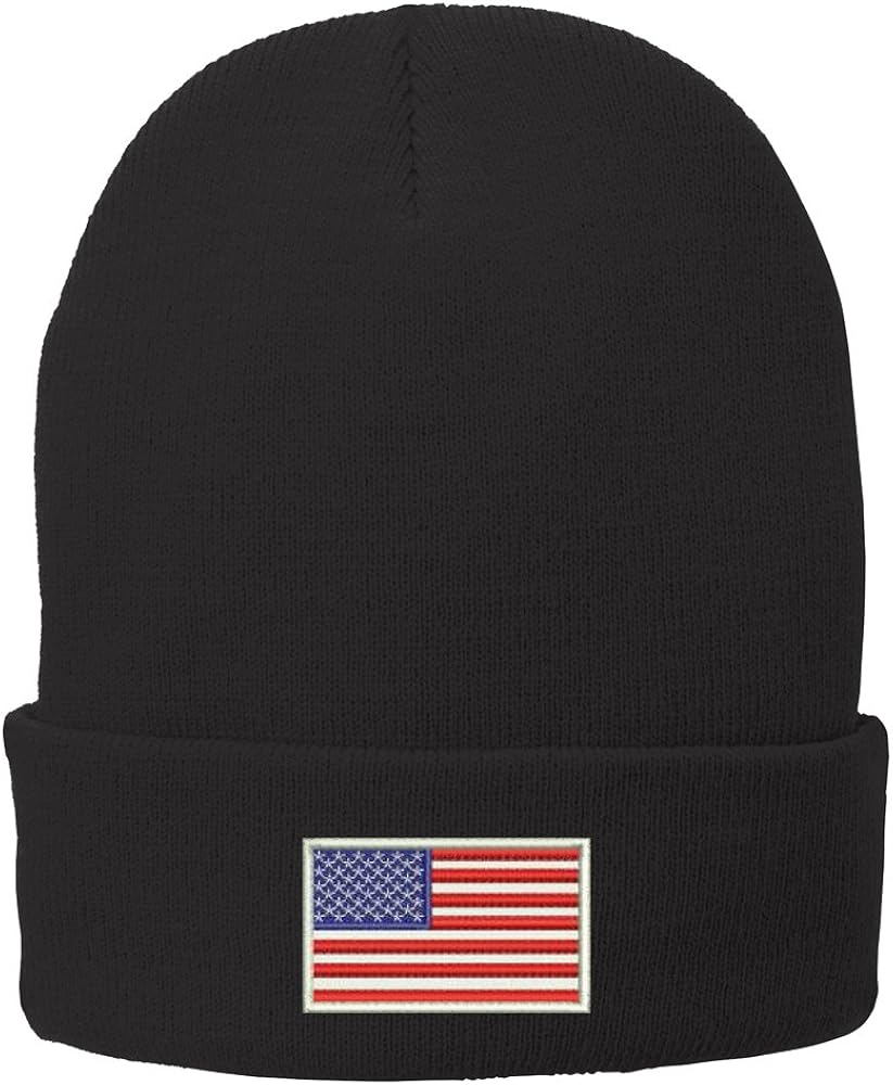 Trendy Apparel Shop US American Flag White Embroidered Winter Folded Long Beanie