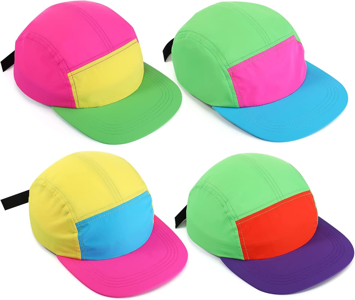 Cindeer 4 Pcs 80s Hat Neon Hat Bulk Retro 80s 90s Cap Nylon Baseball Adjustable Cap for Women Men Teens 80s 90s Theme Party Halloween Costumes Accessories