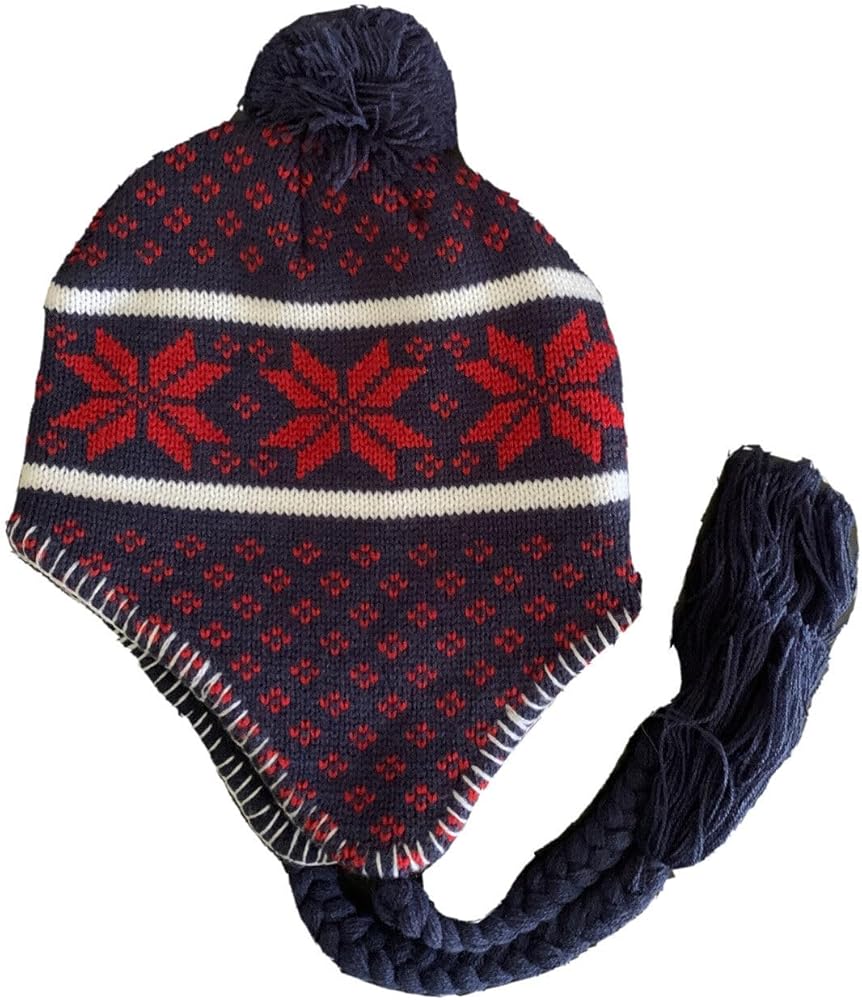 Nayt Men's Peruvian Helmet Style Earflap Strings Beanie Knit Hat Navy Blue Red White