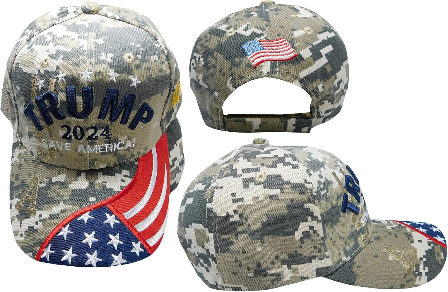 Trade Winds Trump 2024 Save America! USA Shadow USA Flag Bill Signature ACU Digital Camouflage Camo 100 Percentage Polyester Adjustable Embroidered Baseball Cap Hat Multicolor