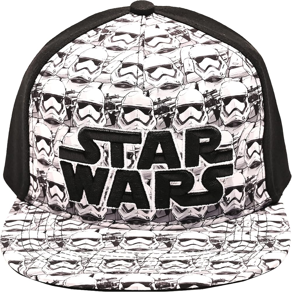 Disney mens Star Wars Embroidered Logo and Stormtrooper All Over Adjustable Snapback Baseball Hat with Flat Brim Black White One Size, Black, One Size US