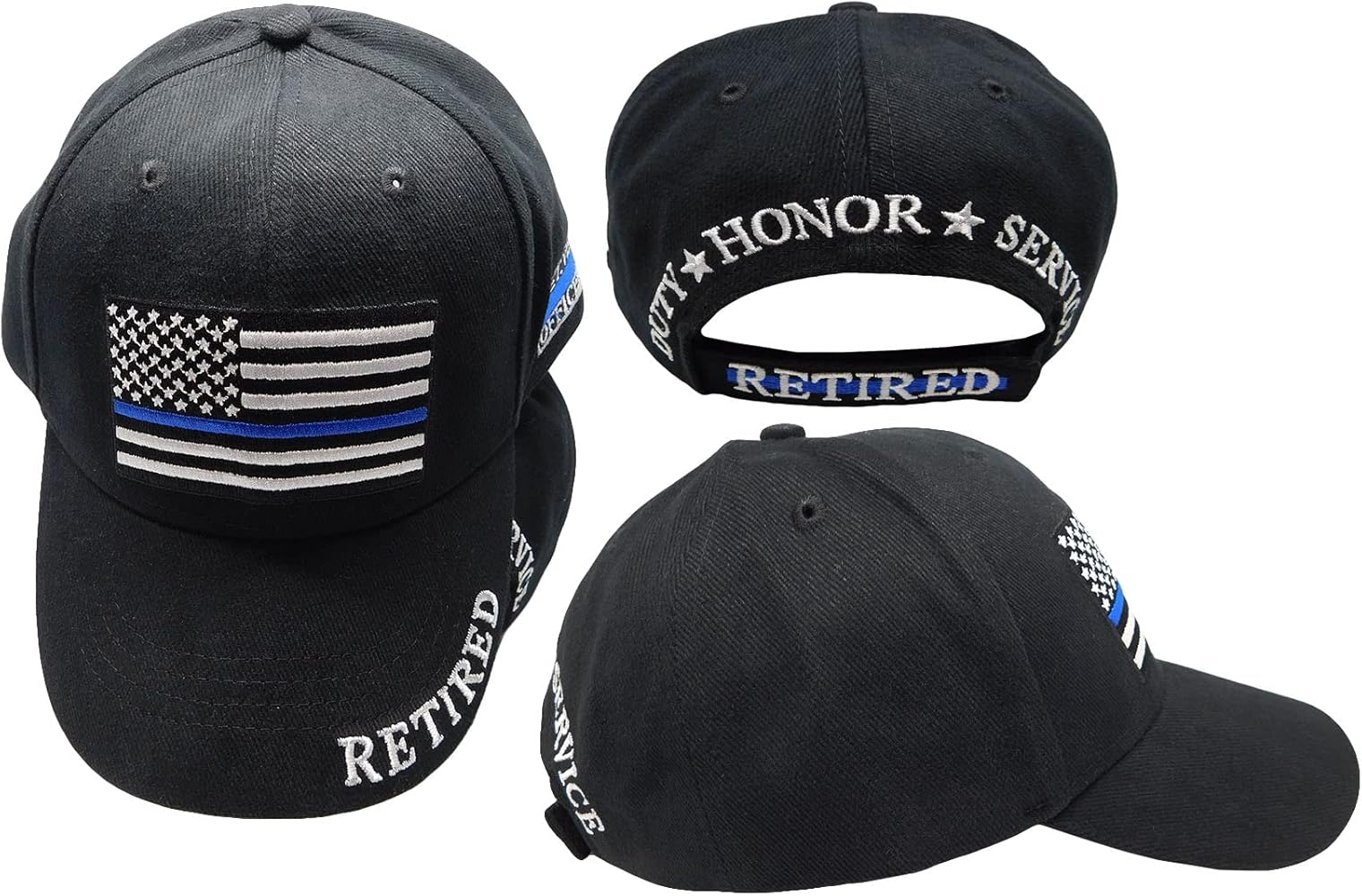 Trade Winds USA Thin Blue Line Police Retired Veteran Officer Black 100% Cotton Adjustable Embroidered Cap Hat