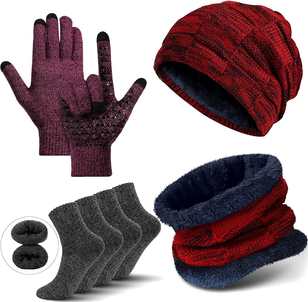 Winter Fleece Lined Beanie Hat Scarf Sock Touchscreen Gloves Set for Men Women