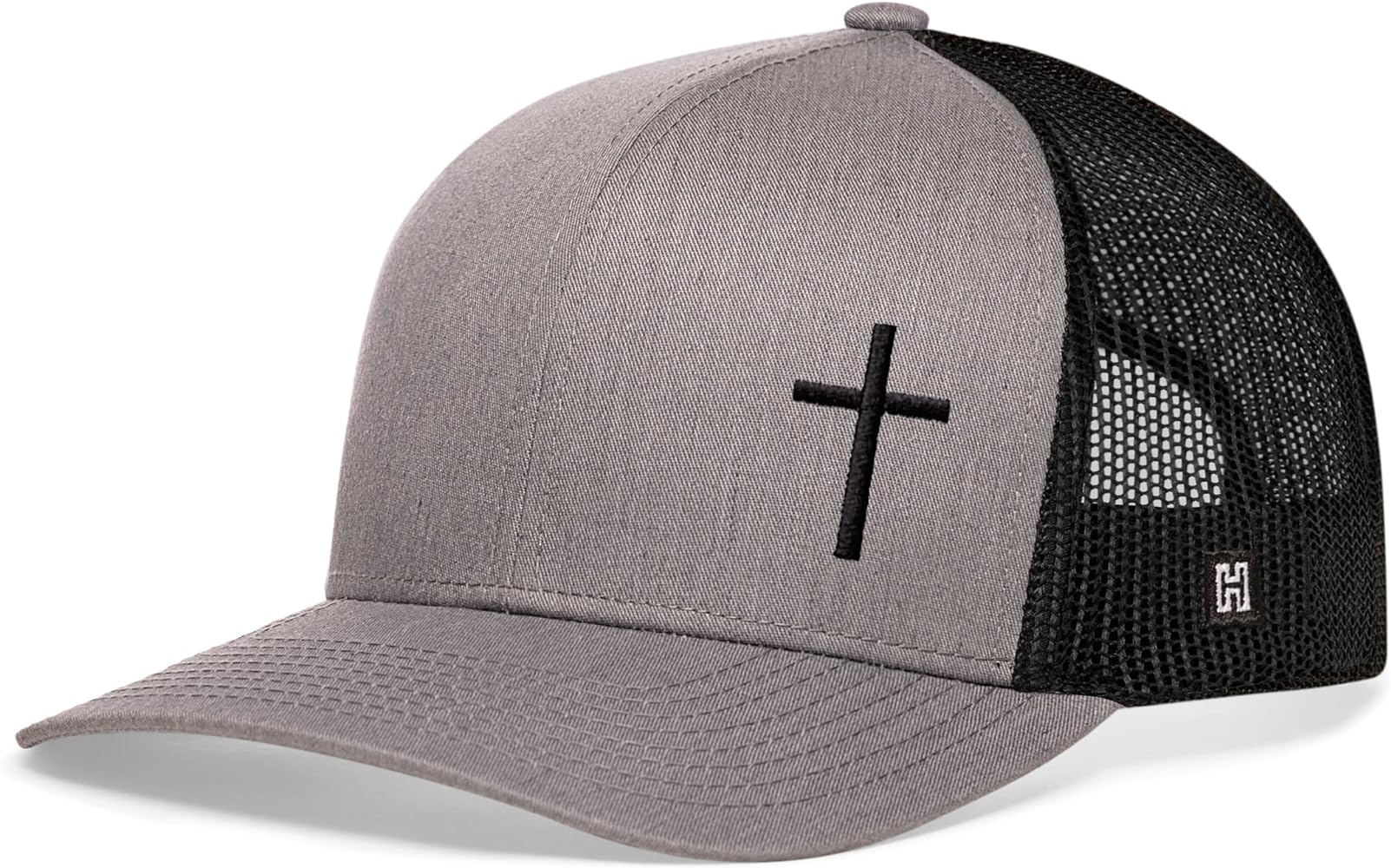 HAKA Embroidered Cross Trucker Hat for Men & Women, Black Baseball Cap, Mesh Snapback, Christian Jesus Cross Hat (Gray/Black)