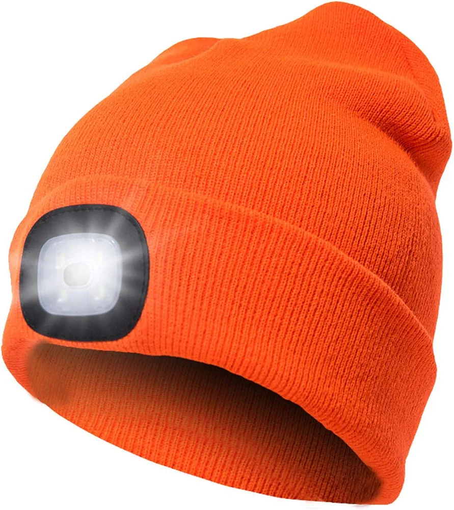 CENSGO Unisex Hat with Light, LED USB Rechargeable Headlamp Beanie, Gifts for Dad Father Men Husband Warm Knitted Cap Orange