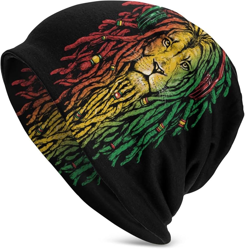 Jamaican Rasta Reggae Judah Lion Beanie Hat for Men/Women Slouchy Ski Skull Cap Winter Thin Stretch Acrylic Knit Hat, One Size