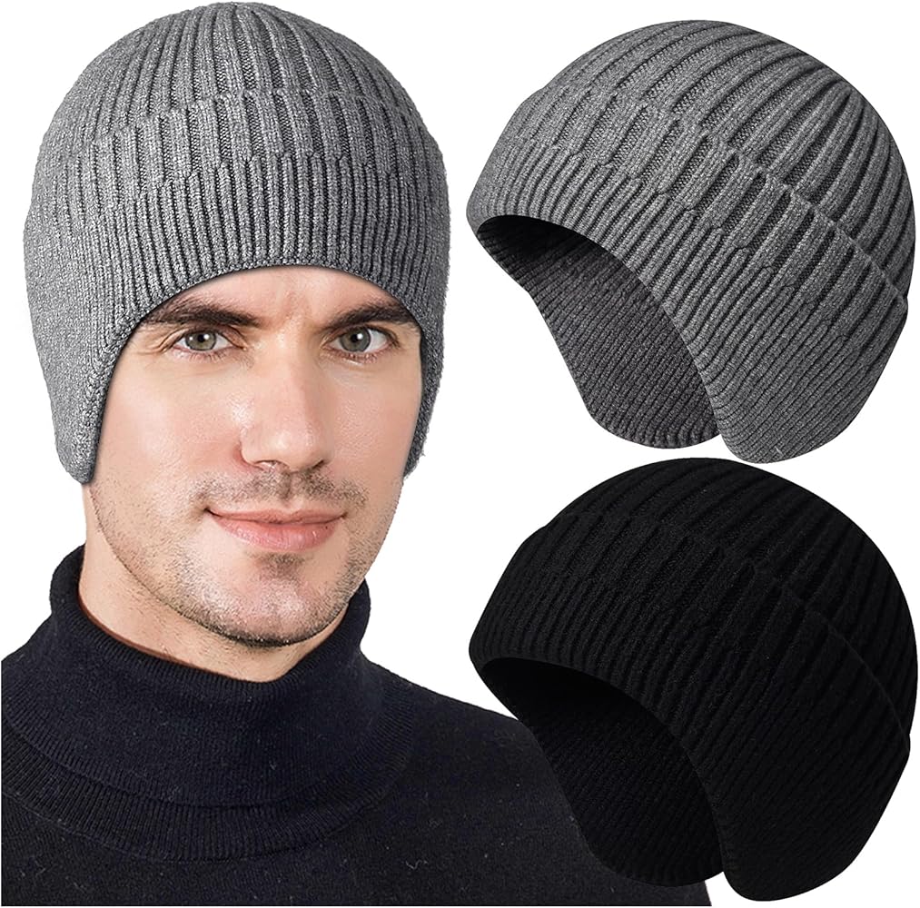 2pcs Winter Beanies with Ear Flaps for Men Women, Warm Knit Earflaps Cap Thick Hats