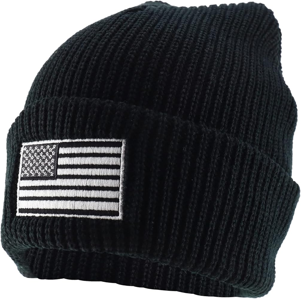 Oversized XXL Grey American Flag Embroidered Ribbed Beanie Cap