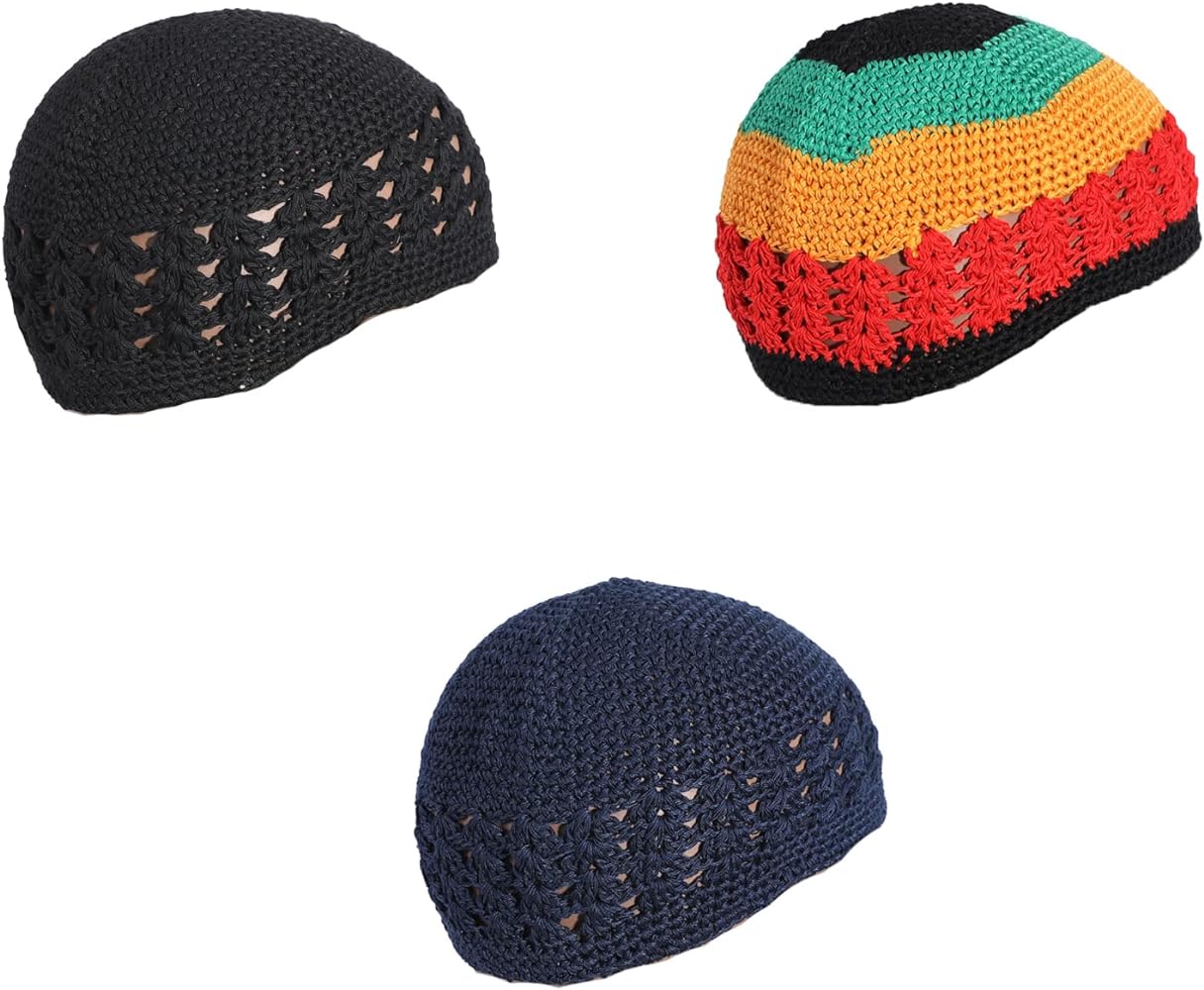 Unisex Premium Cotton Lattice Knitting Skull Beanies Kufi Caps 3 Packed for Men Women