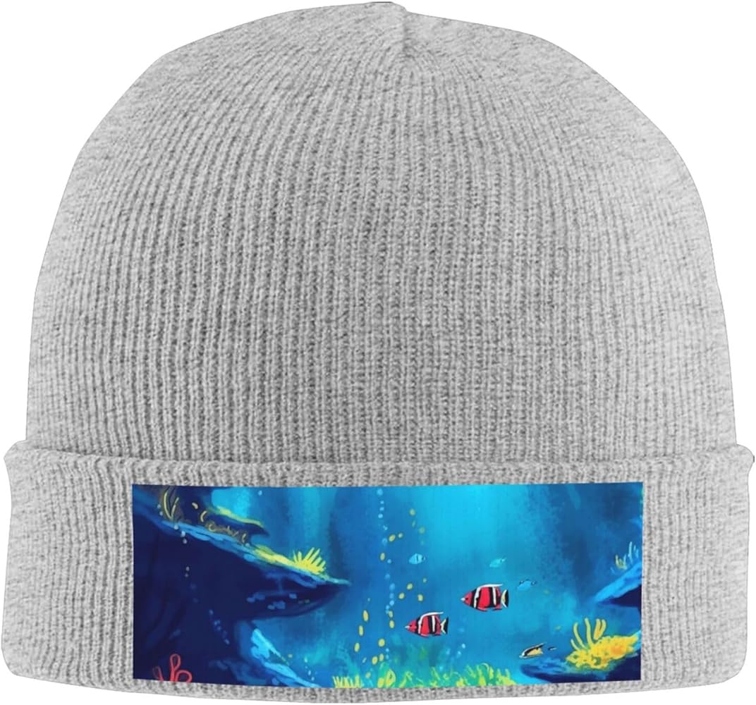 Slouchy Beanie Hats for Women Men Knit Beanies Cuffed Skull Cap Undersea Wallpaper Winter Ski Hat Gray