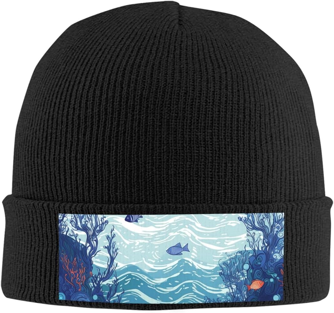 Slouchy Beanie Hats for Women Men Knit Beanies Cuffed Skull Cap Ocean Waterscape Winter Ski Hat Black