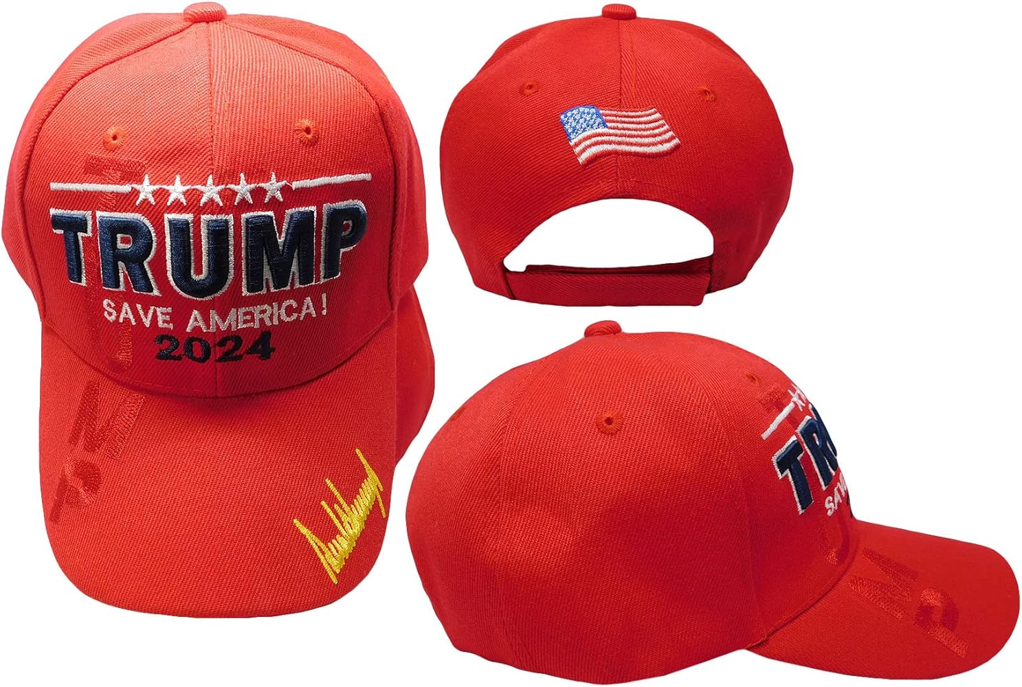 Trump Save America! 2024 Trump Red Shadow Signature Red Polyester Adjustable Embroidered Baseball Hat Cap