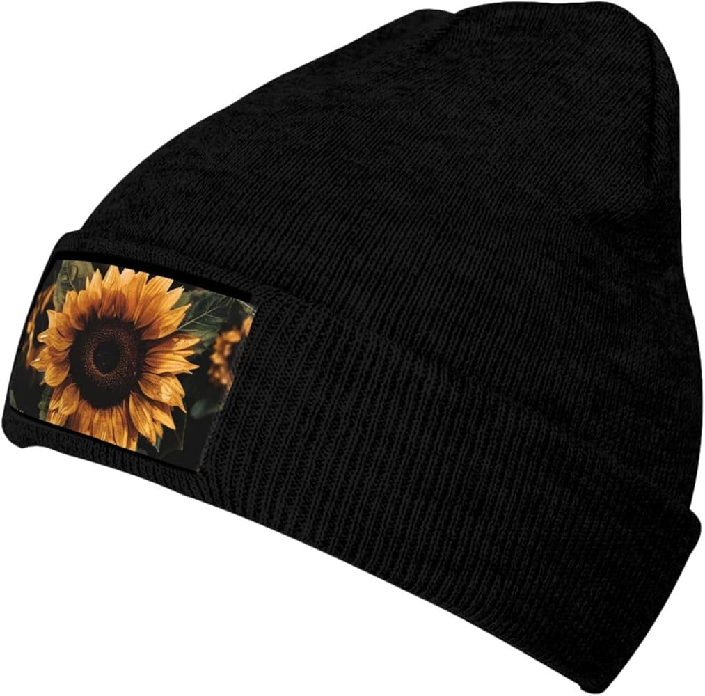 Beanie for Women Men Warm Brown Leaves Sunflower Winter Hats for Women Thick Knit Beanies for Winter Cuffed Cap