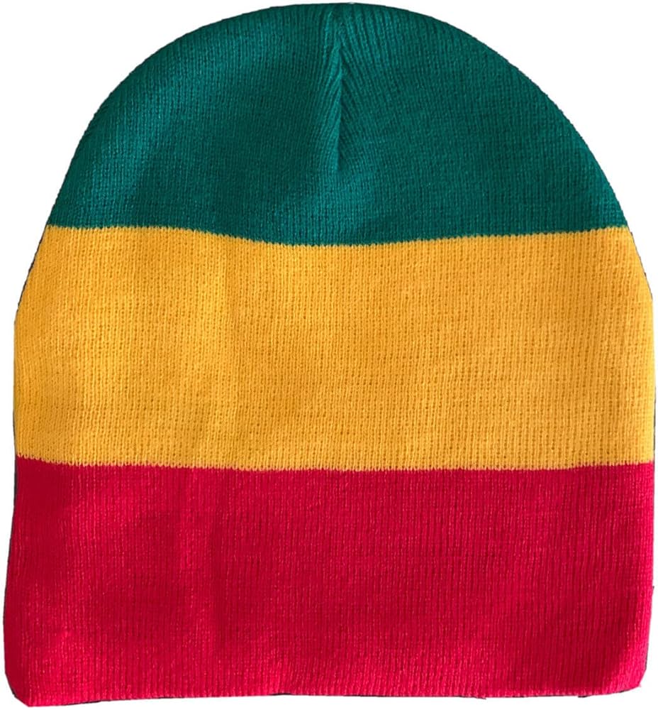 Nayt Rasta Stripe 8" Short Beanie Hat Reggae Red Yellow Green