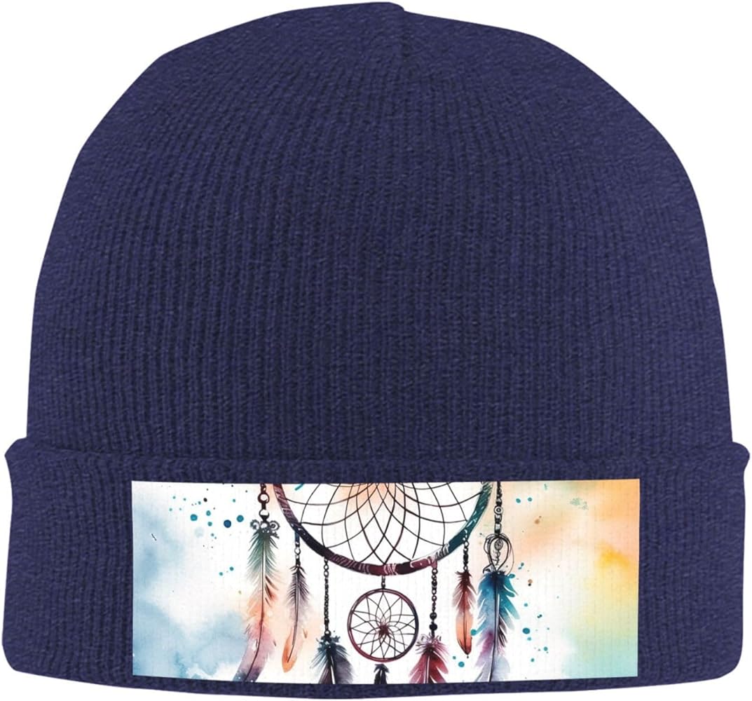 Slouchy Beanie Hats for Women Men Knit Beanies Cuffed Skull Cap Watercolor Dream Catcher Winter Ski Hat Navy Blue