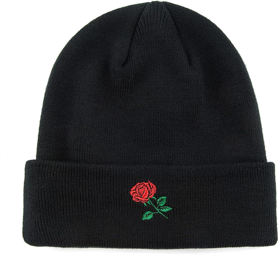 Beanie Rose Embroidered Knit Hats Caps for Men Women Black (Beanie)