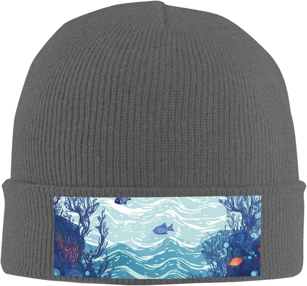 Slouchy Beanie Hats for Women Men Knit Beanies Cuffed Skull Cap Ocean Waterscape Winter Ski Hat Deep Heather