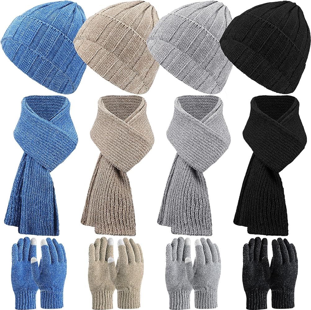 12 Pcs Beanie Hat Scarf and Glove Set Winter Knit Beanie Gloves Scarf Men Women Fleece Lining Skull Cap Glove Scarf