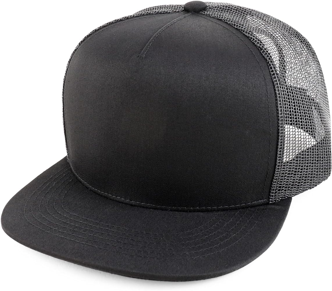 Trendy Apparel Shop Oversize XXL Plain 5 Panel Trucker Flat Bill Mesh Snapback Cap