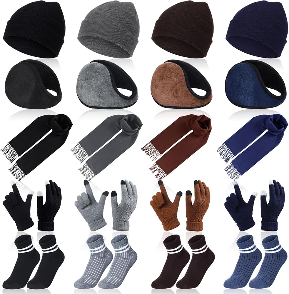 20 Pieces Men Women Knit Winter Beanie Hat Scarf Sock Earmuffs Gloves Set with Fleece Lined Skull Caps Warm Neck Scarves for Women Men