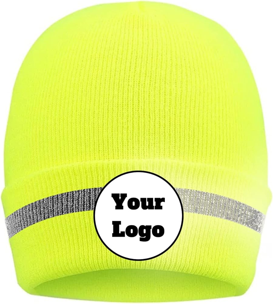 YOWESHOP Customize Unisex High Reflective Beanie Hat Outdoor Hi-Vis Knitted Hat Winter Cap for Men and Women