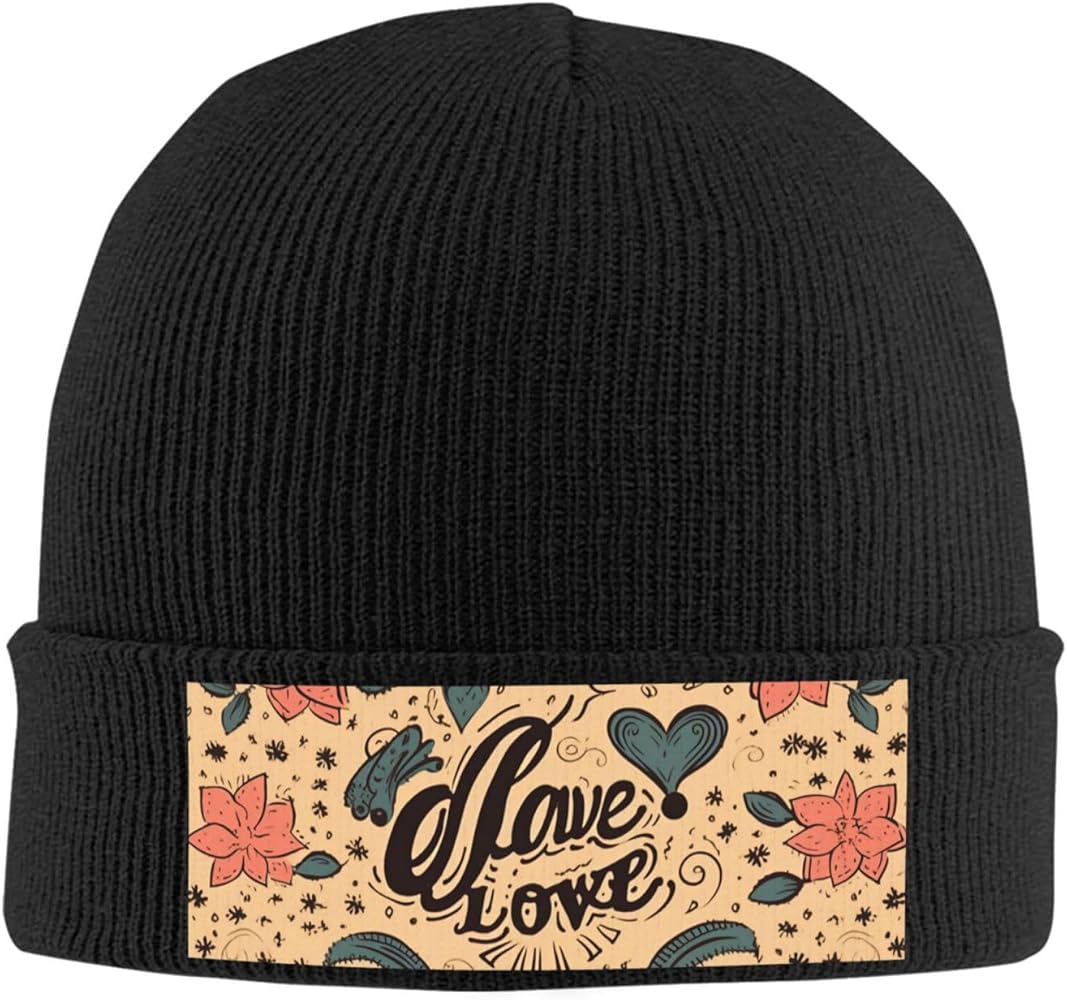 Slouchy Beanie Hats for Women Men Knit Beanies Cuffed Skull Cap Love Forever Winter Ski Hat Black