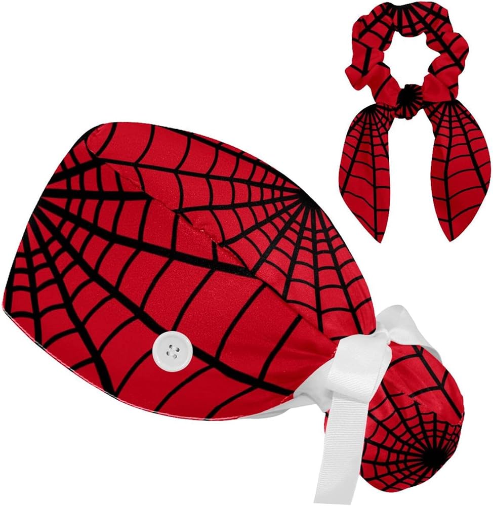 Spider Web red Working Hat Adjustable Scrub Cap with Buttons and Bow Hair Scrunchy for Nurse and Doctor