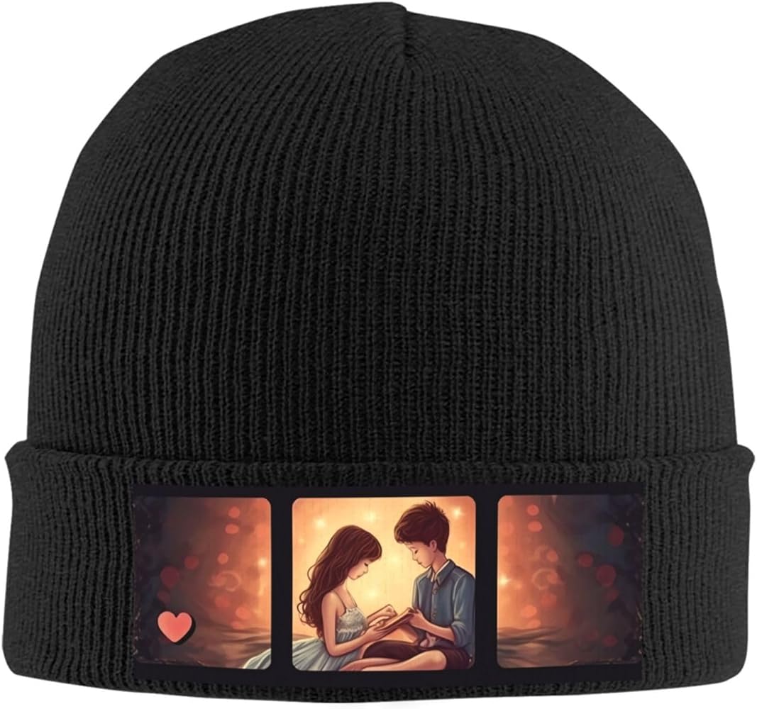 Slouchy Beanie Hats for Women Men Knit Beanies Cuffed Skull Cap Romantic Love Winter Ski Hat Black