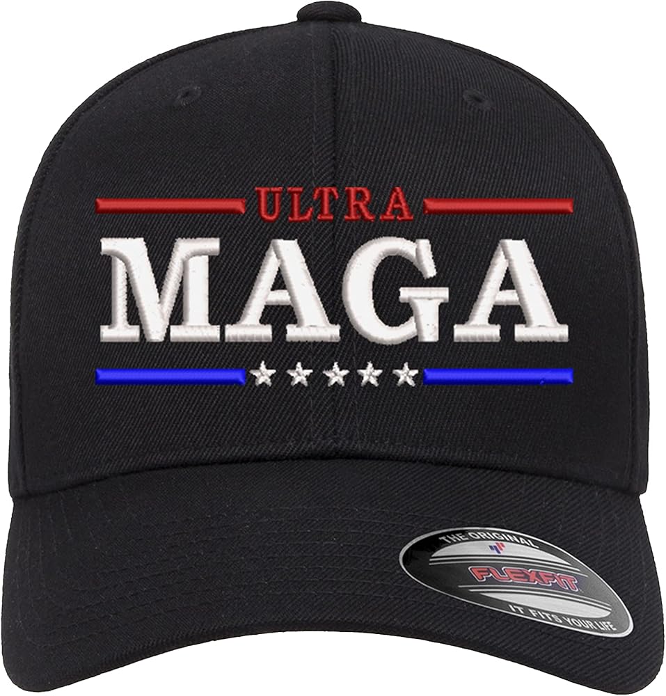 Trump Ultra MAGA Logo Embroidered Flexfit Hat Fitted Ball Cap Conservative Republican Apparel + Free Sticker Included