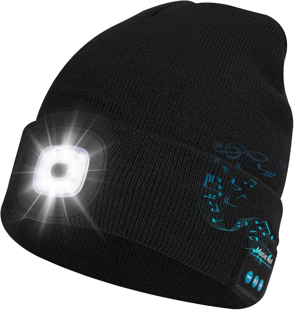 Bluetooth Beanie with Light, Musical Knit Hat with Headphones and Built-in Speaker Mic, Gifts for Men Women Dad