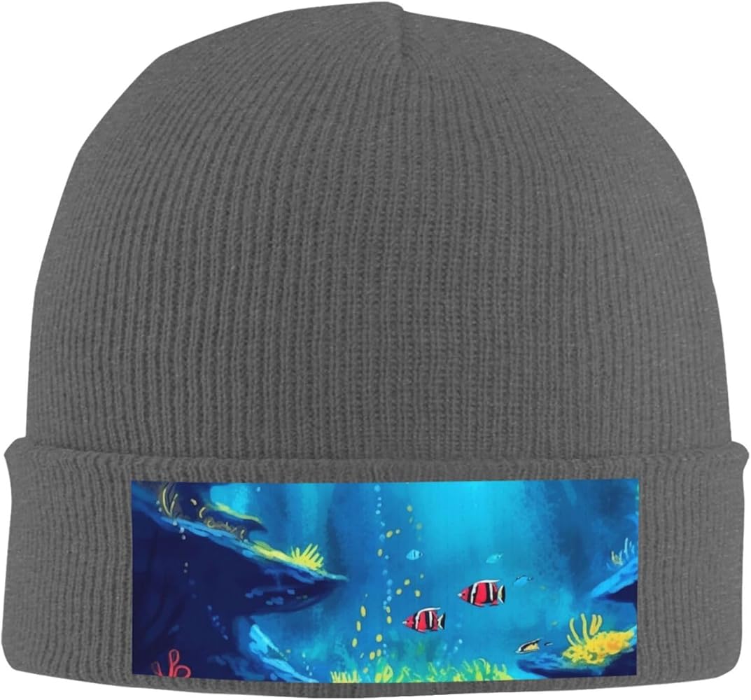 Slouchy Beanie Hats for Women Men Knit Beanies Cuffed Skull Cap Undersea Wallpaper Winter Ski Hat Deep Heather