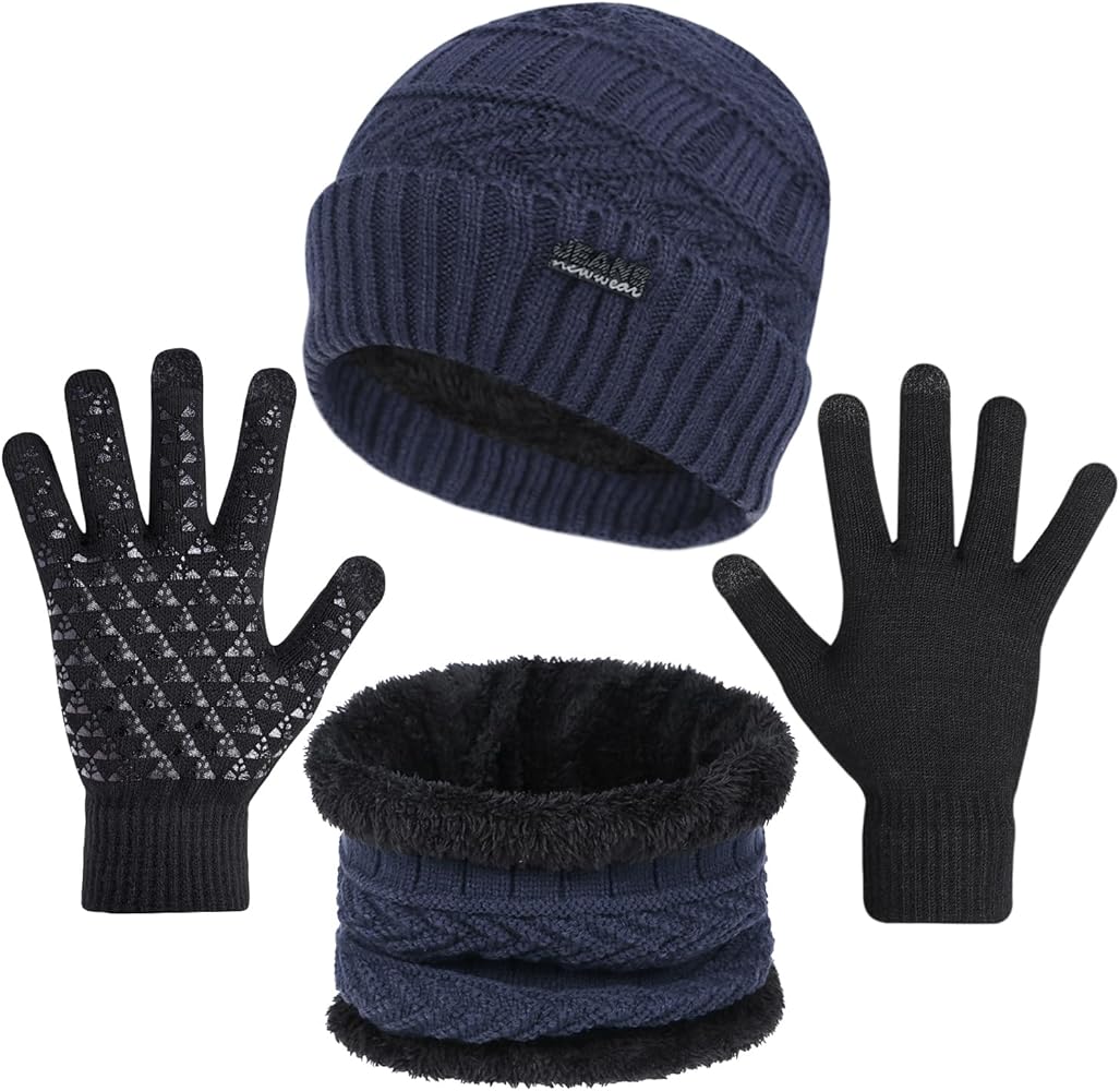 3-Pieces Winter Beanie Hats, Scarf and Touch Screen Gloves Set for Men and Women, Warm Knit Cap Set