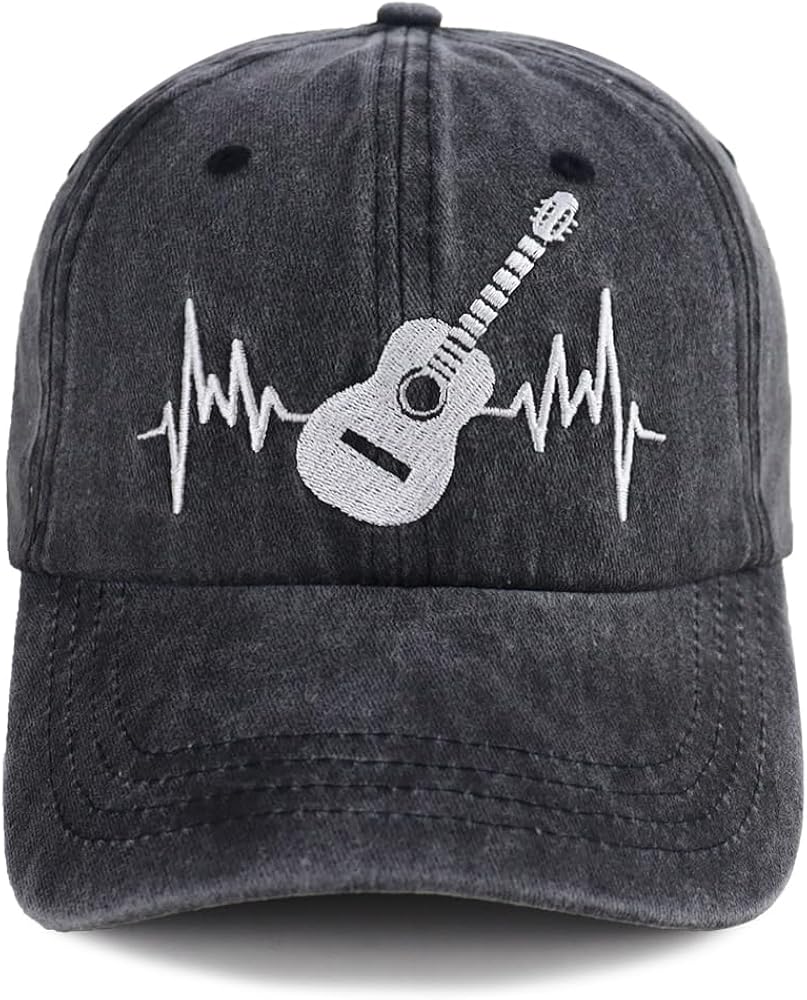 Guitar Heartbeat Hats for Guitarist Musician, Adjustable Embroidered Vintage Cotton Baseball Caps for Men Women