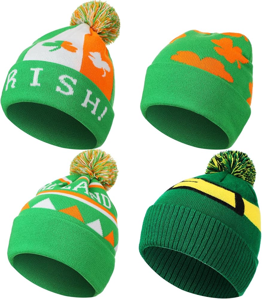 4 Pcs St Patrick's Day Hats Shamrock Beanie Green Embroidered Winter Cap Cuffed Pom Knit Irish Hats for Men Women Adults, 4 Styles