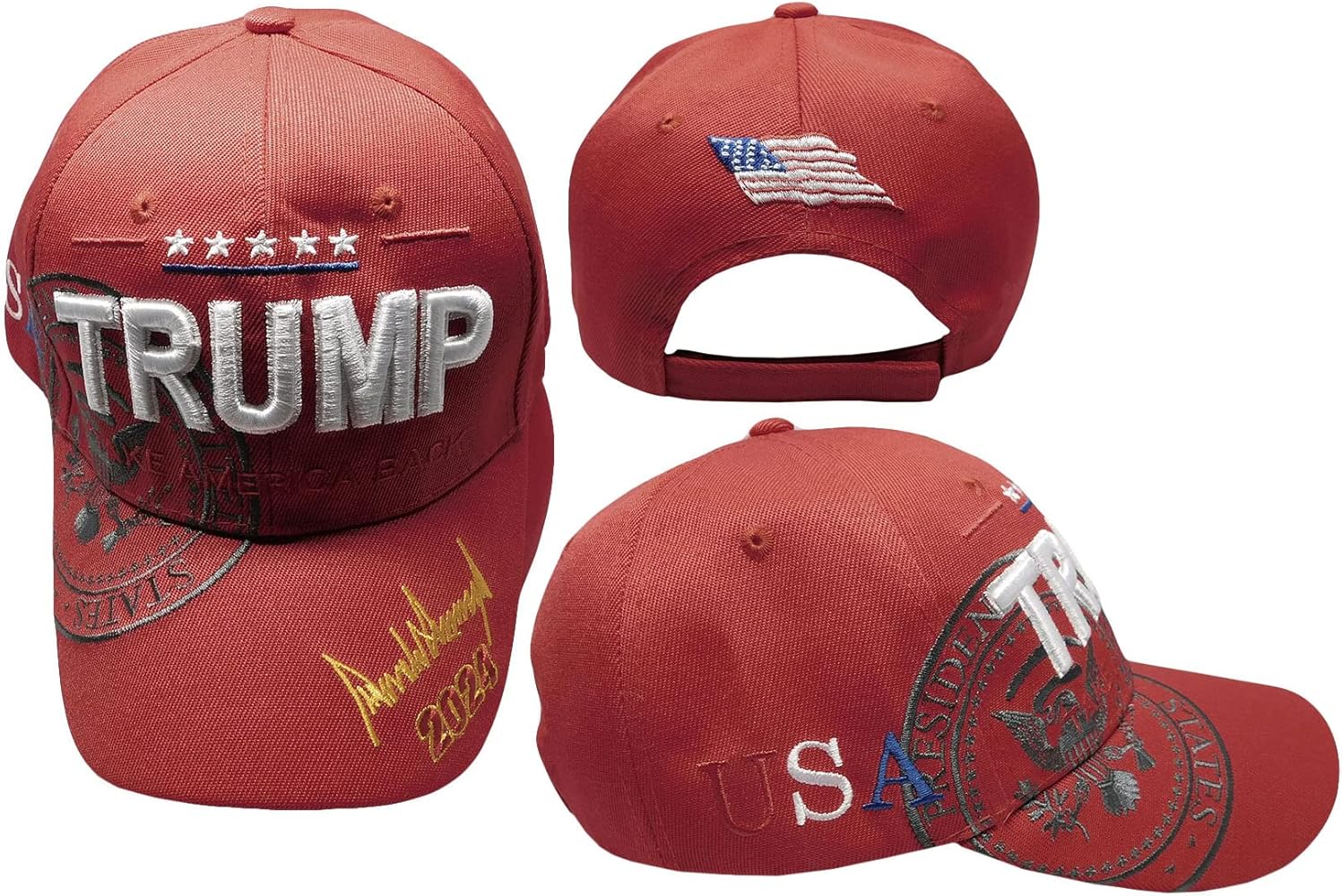 Trump 2024 Take America Back USA Signature Red with Shadow Adjustable Embroidered Baseball Cap Hat