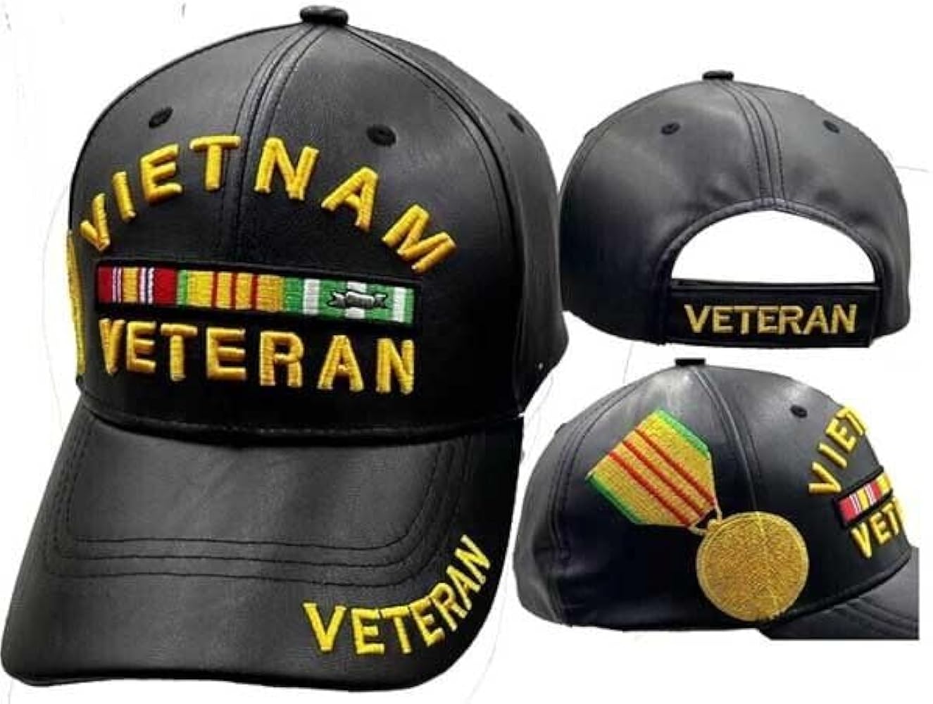 Vietnam Veteran Medallion Black Cap Hat Premium Quality PU Leather